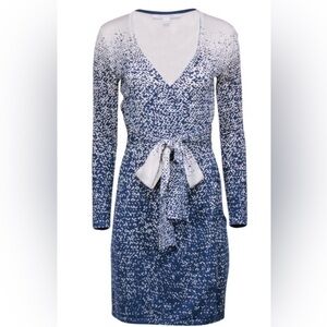 Diane Von Furstenberg Blue Printed Long-Sleeve Tie-Waist Dress